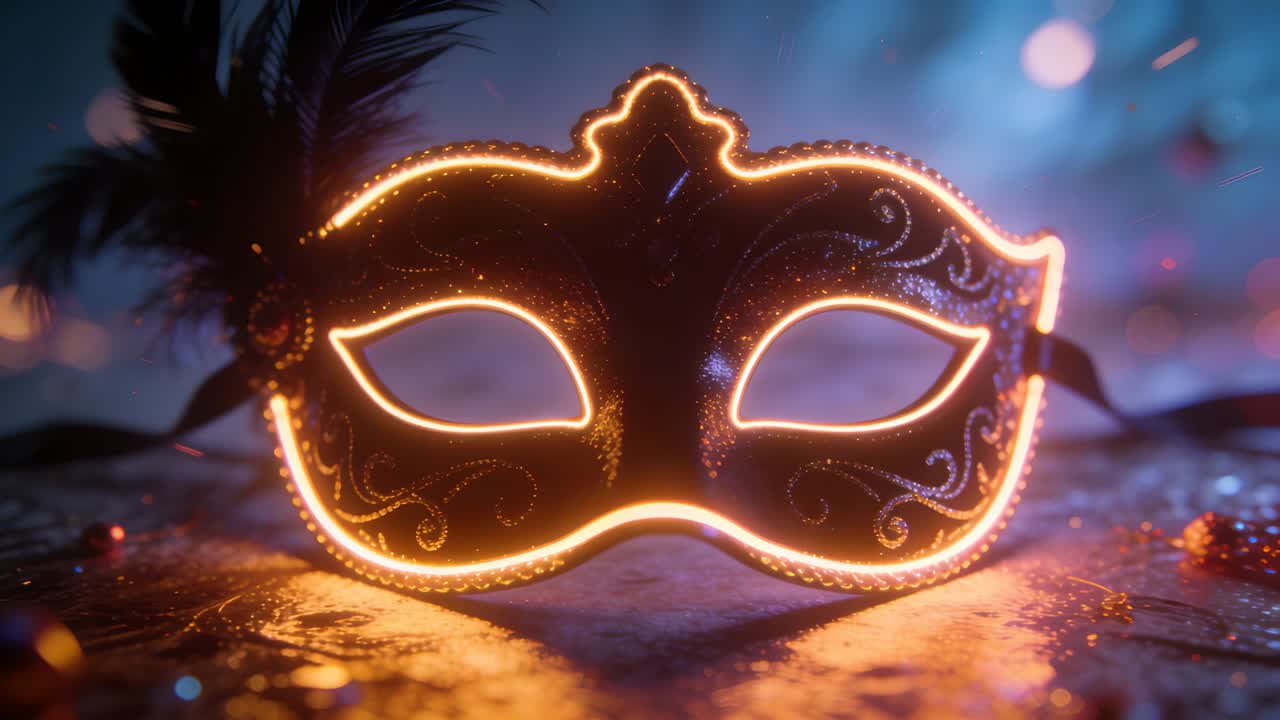 Luce di contorno che pulsa, maschera ornata che brilla su un tavolo in esposizione, piuma che si sposta, scintille che fluttuano.