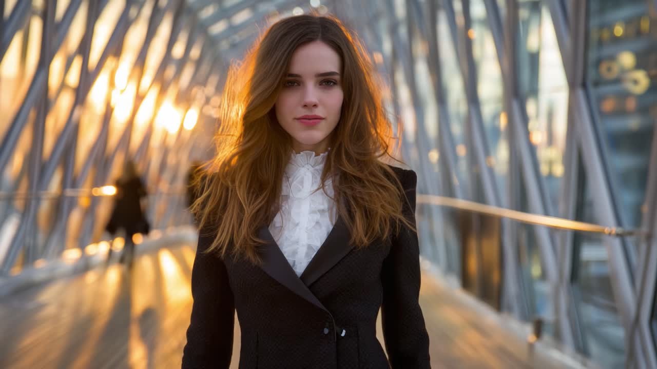 A confident woman stands poised in a modern architectural space, illuminated by the warm glow of sunset, showcasing a blend of elegance and contemporary style