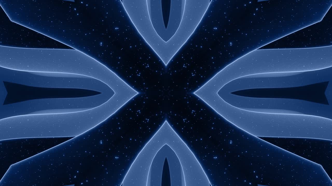 forma abstracta en 3d como una estrella o una flor, estructura simétrica de material de terciopelo azul negro intercalado con pañuelos, formas de cambios cíclicos suaves. fondo mate suave y elegante, animación suave.