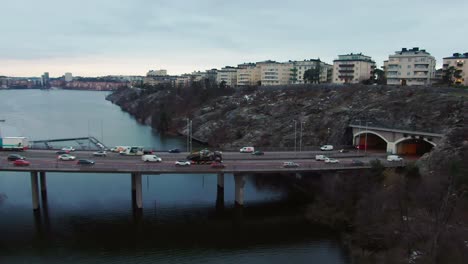 stockholm freeway on winter cloudy day showing steady traffic