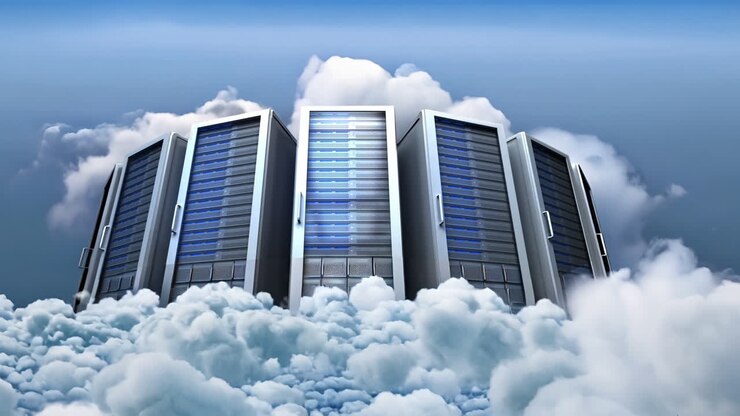 Cinemagraph of slow moving clouds over computer server towers against blue sky