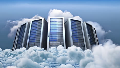 cinemagraph of slow moving clouds over computer server towers against blue sky