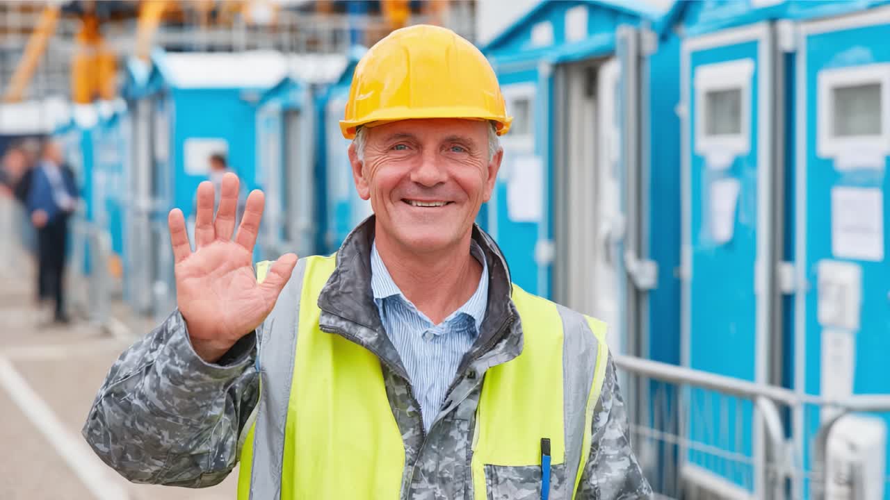 A Friendly Construction Worker in a Bright Yellow Hard Hat and Safety Vest, Welcoming You with a Smile at a Busy Construction Site