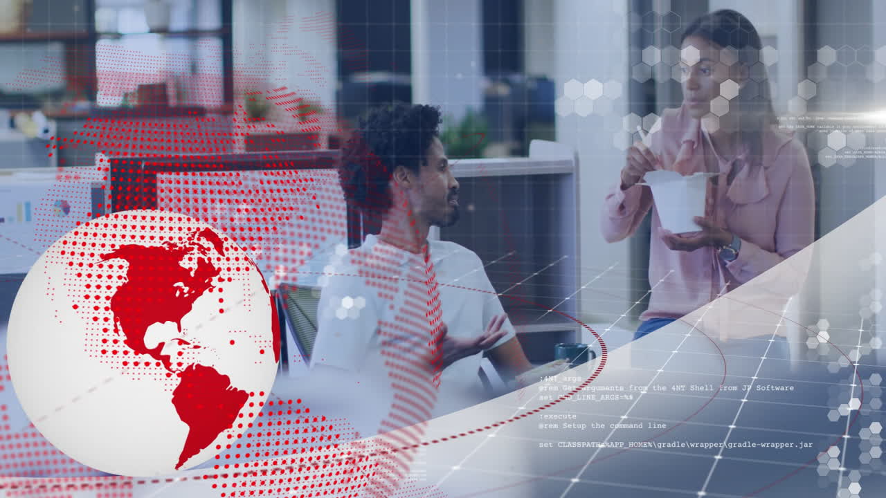 Colleagues discussing in office with digital globe and data overlay animation