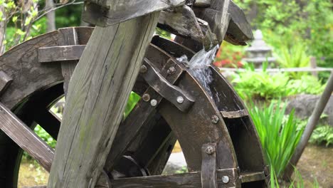 wooden korean traditional water wheel spinning in the namsan park in summer daytime