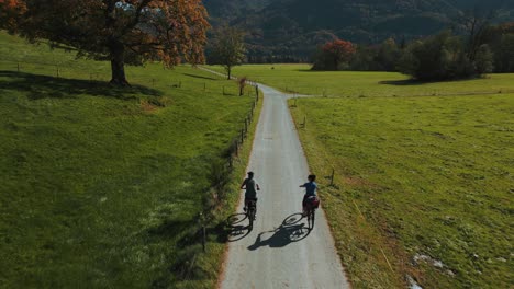 Three-persons,-woman-and-man-cycling-with-touring-bikes-in-autumn-nature-in-Bavaria-with-alps