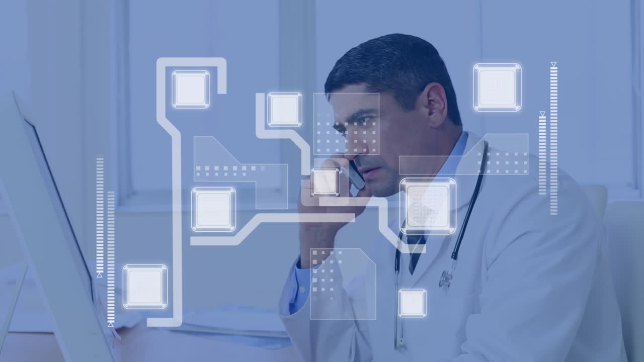 animación de la red de conexiones con procesamiento de datos sobre el médico masculino en el teléfono