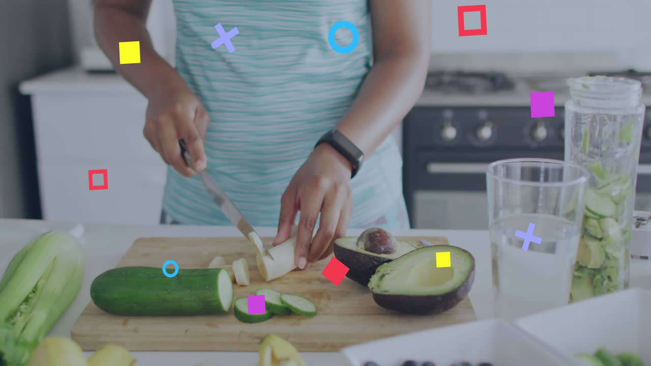 Woman placing knife, board, slicing cucumber for health while animated icons appearing over counter
