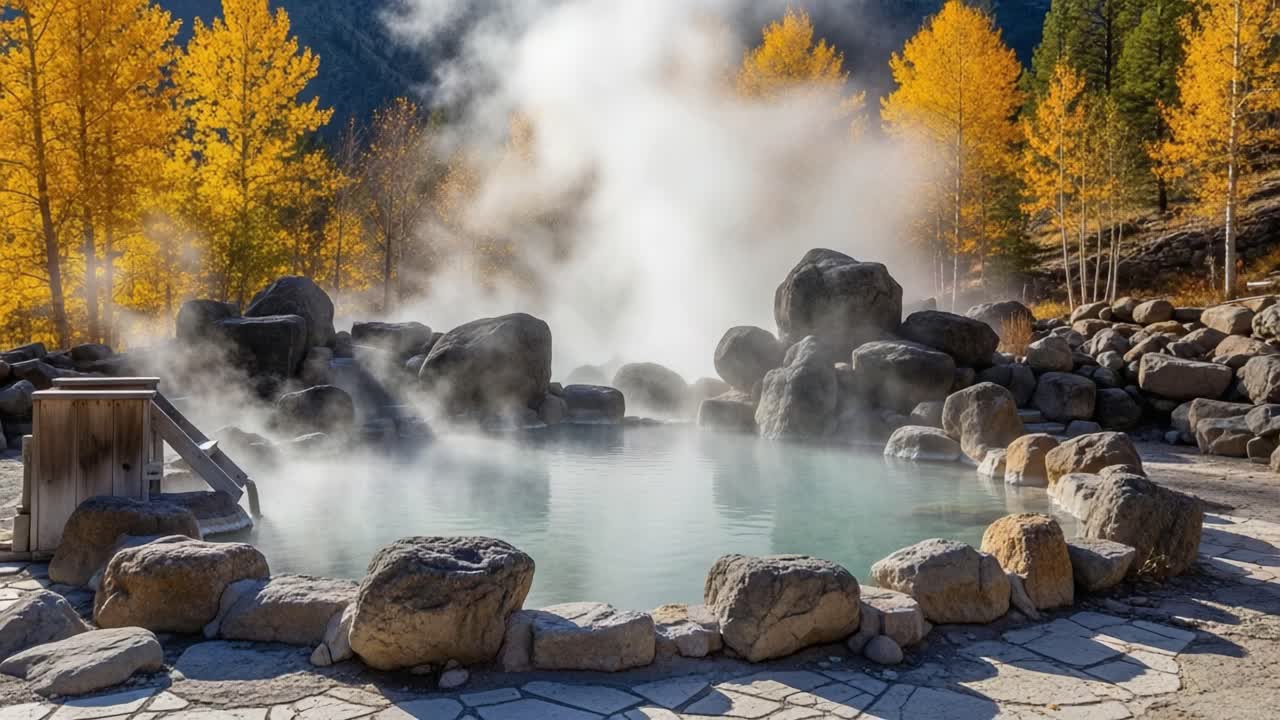 A Serene Hot Spring Surrounded by Vibrant Autumn Foliage and Column of Steaming Vapor Rising from the Calm Waters in a Peaceful Natural Setting