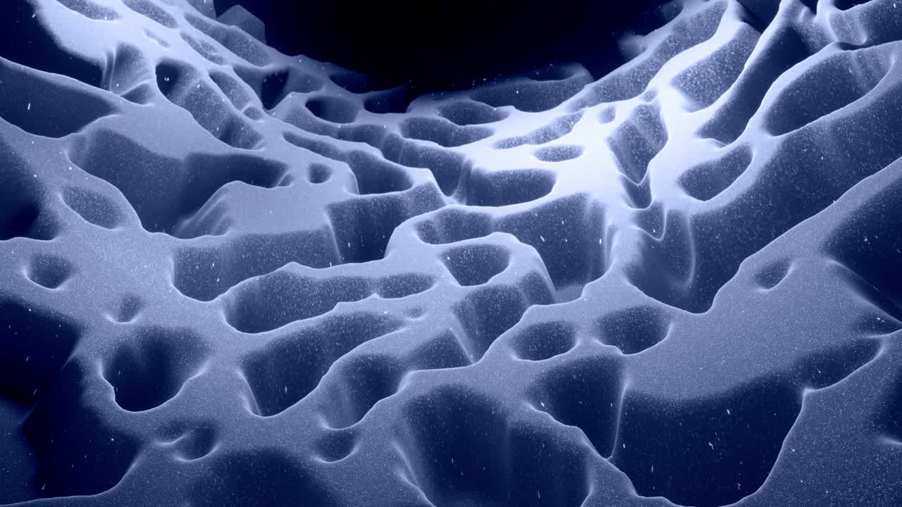 Stylish festive black bg. Fantastical abstract looped background, waves move on glossy surface like landscape made of liquid blue wax with sparkles. Beautiful soft background with smooth animation 4k