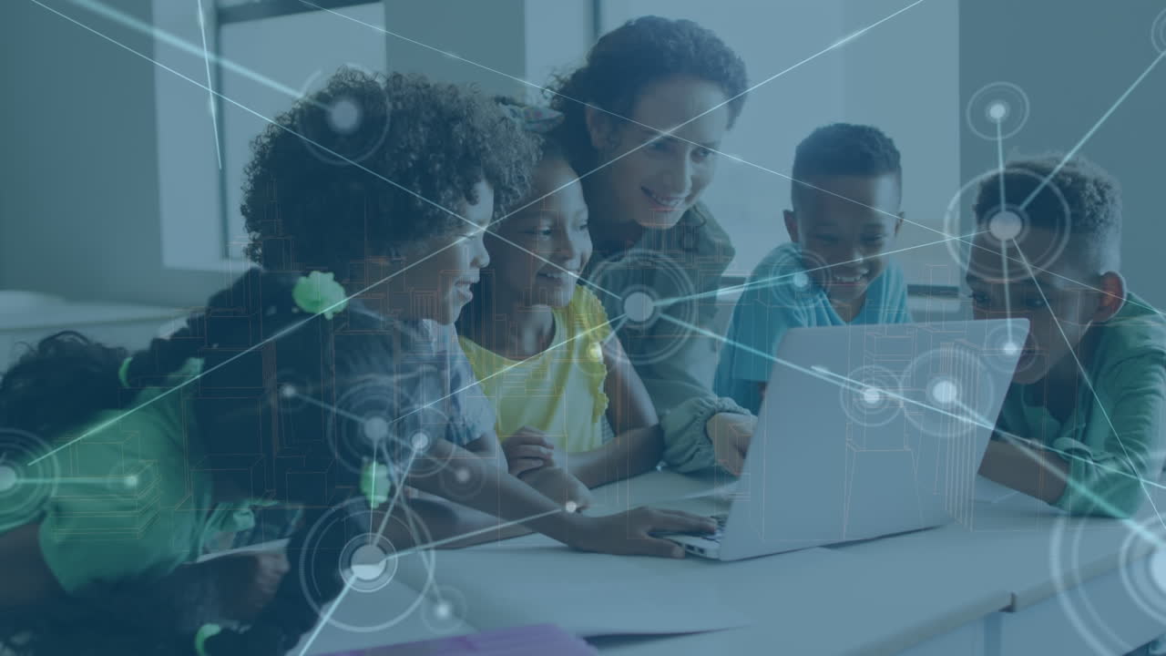 Animation of data processing over caucasian female teacher with diverse schoolchildren using laptop
