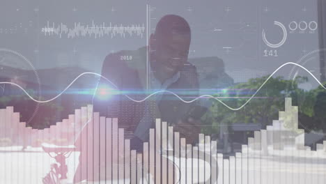 mature man leaning on bench urban plaza interacting smartphone with holographic business charts
