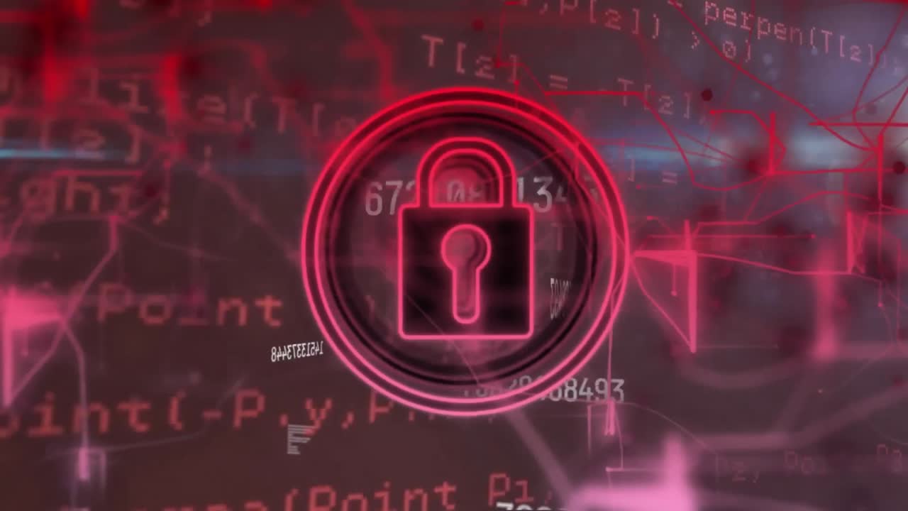 animación de un candado en círculos, patrón de navegación y lenguaje informático sobre un fondo abstracto