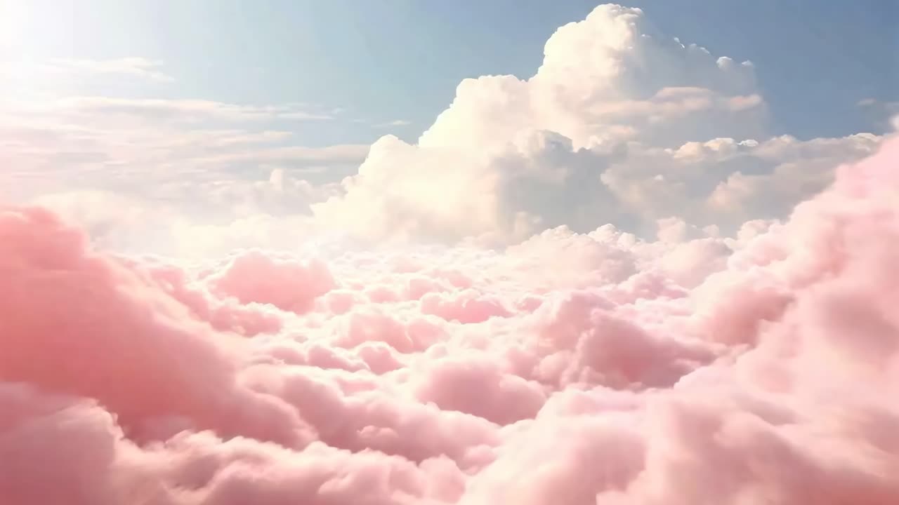 Aerial view of fluffy pink clouds against a blue sky, creating a dreamy, ethereal atmosphere