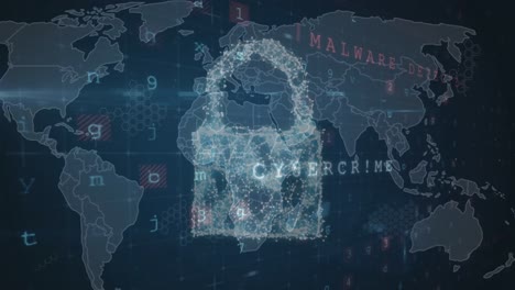 animation of connected dots forming cloud and padlock, texts, letters, numbers, symbols over map