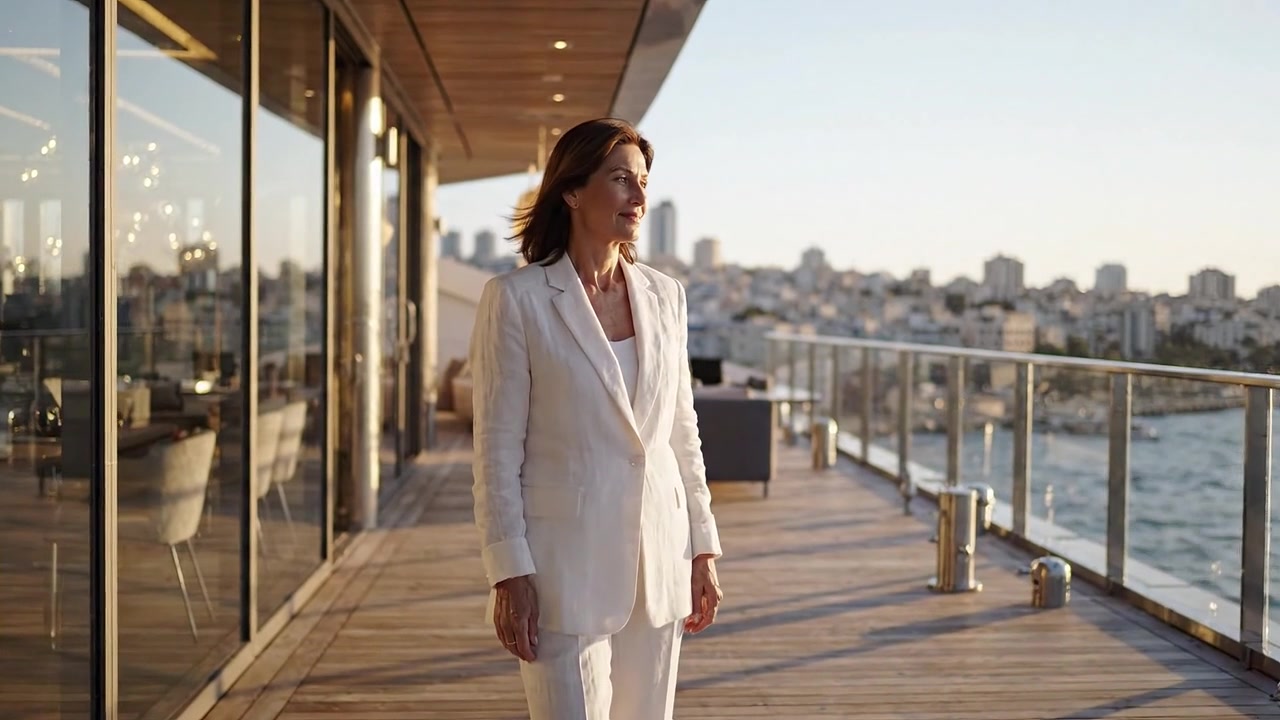 Una mujer segura de sí misma disfruta de la vista panorámica desde un moderno patio frente al mar al atardecer, irradiando elegancia y serenidad en medio de un paisaje urbano contemporáneo.