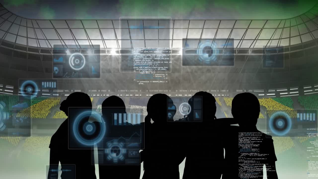 디지털 인터페이스와 데이터 프로세싱과 함께 응원하는 팬의 실루 ⁇ 과 스포츠 경기장