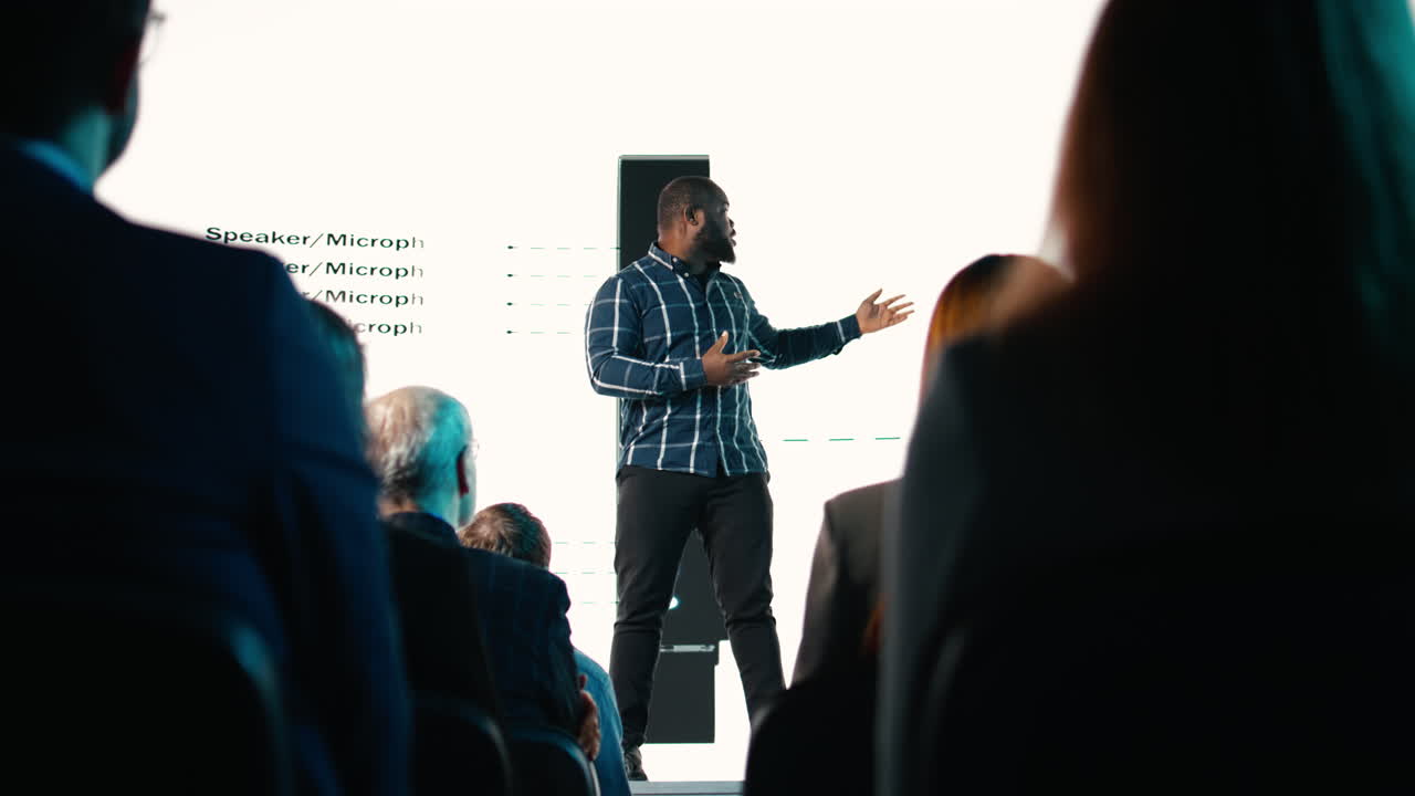 Black chief product officer introducing new smartphone with modern interface
