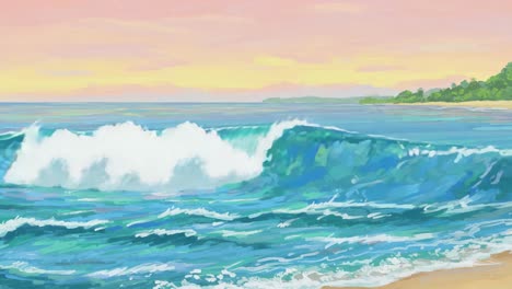 a serene sunset over the tranquil ocean waves and lush coastline: nature's colorful canvas captured in vibrant hues and gentle shoreline motions
