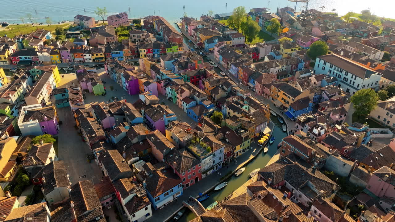 Aerial drone view of the colourful houses of Burano Island, Italy