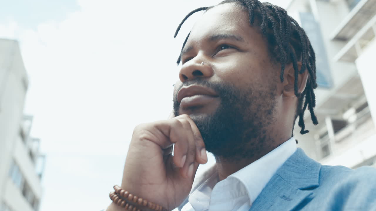 Black man, thinking and idea for business outdoor
