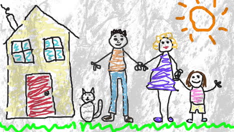 animación de formas grises sobre niños dibujando con la familia y la casa