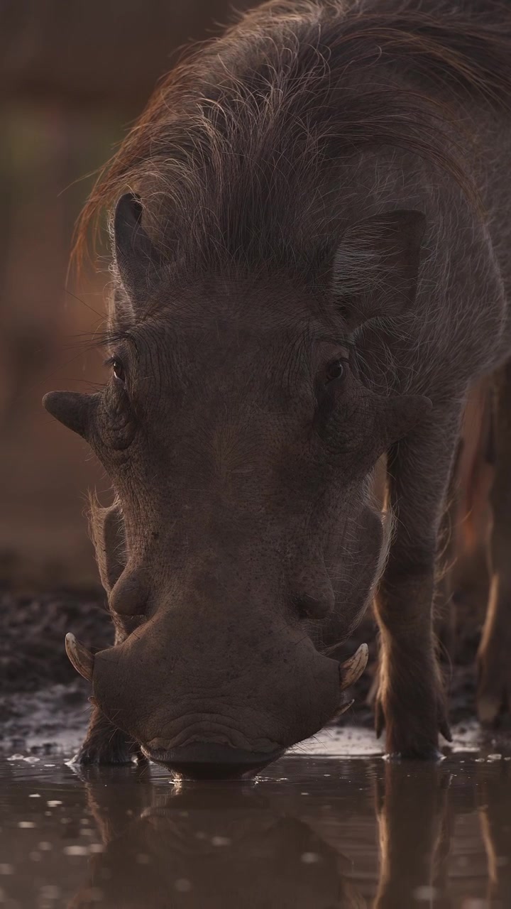 Facocero che beve acqua in una pozza in Africa, animali da safari in un safari naturalistico africano nel loro habitat naturale, video verticale per social media, TikTok e Instagram Reels.