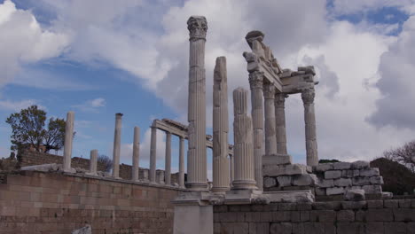 wide shot looking up at the stone pillars of the temple of trajan in pergamum