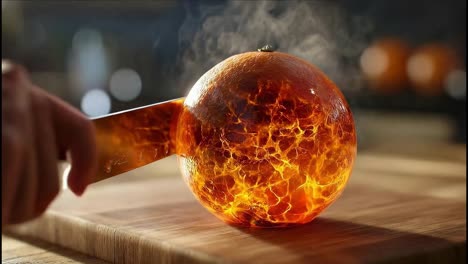 cutting into a molten lava sphere