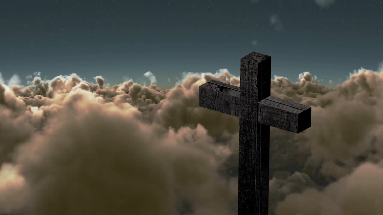 Cross standing against dramatic clouds in sky, creating serene animation backdrop