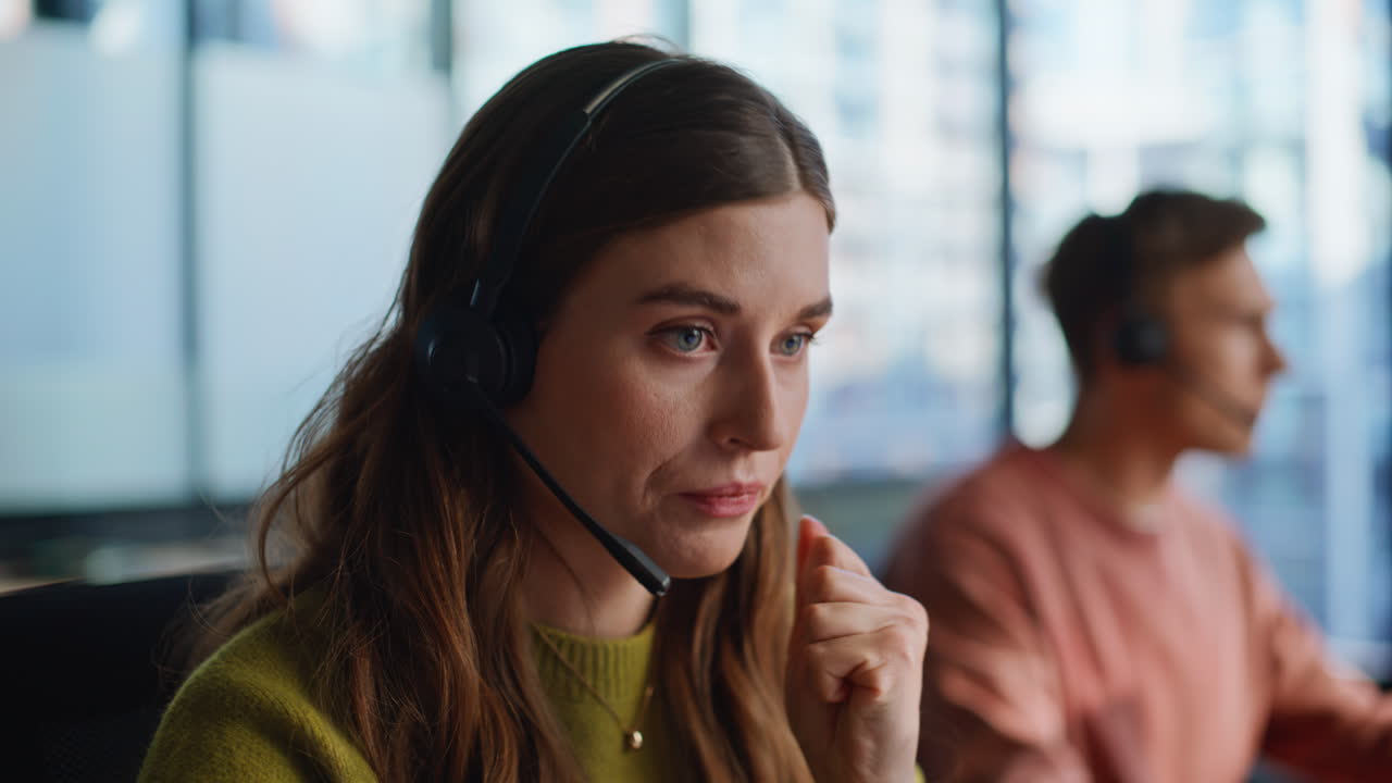 Helpful specialist guiding client portrait. Operator answering questions helping