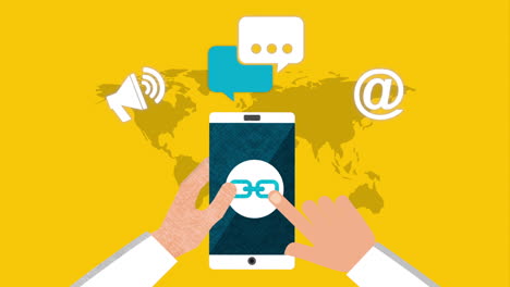 usando el teléfono inteligente con las manos de la tecnología de las redes sociales