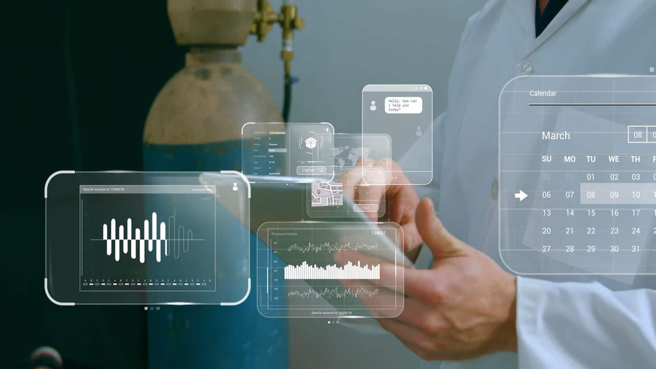 태블릿을 가진 백인 남성 과학자 위의 화면에서 데이터 처리의 애니메이션