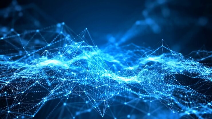 Blue Digital Network Wave Pulsing Across Data Terrain, Energetic Motion And Glowing Nodes Create Sense