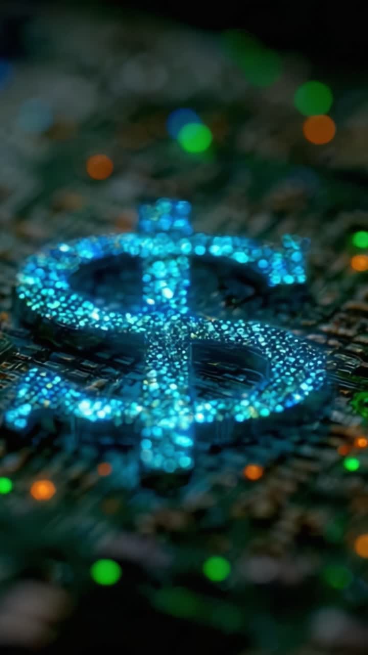 Símbolo de dólar brillante iluminado sobre un vibrante fondo de placa de circuito, que representa las finanzas modernas y el avance tecnológico en la divisa digital.