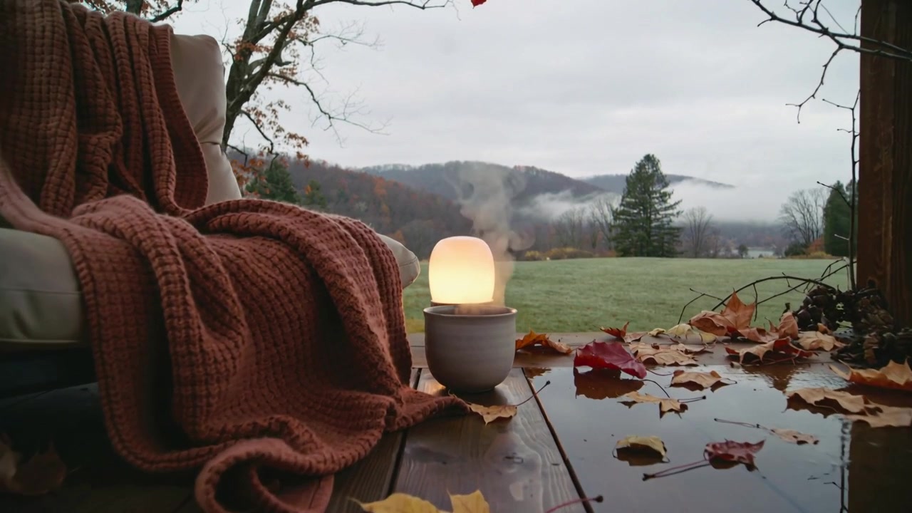 Камера приближается, открывая мягкое кресло с пледом цвета ржавчины на веранде, диффузор испускает пар