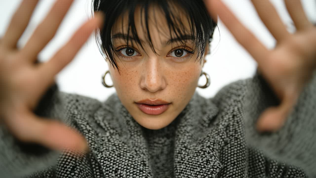 Model posing with hands near face in slow motion