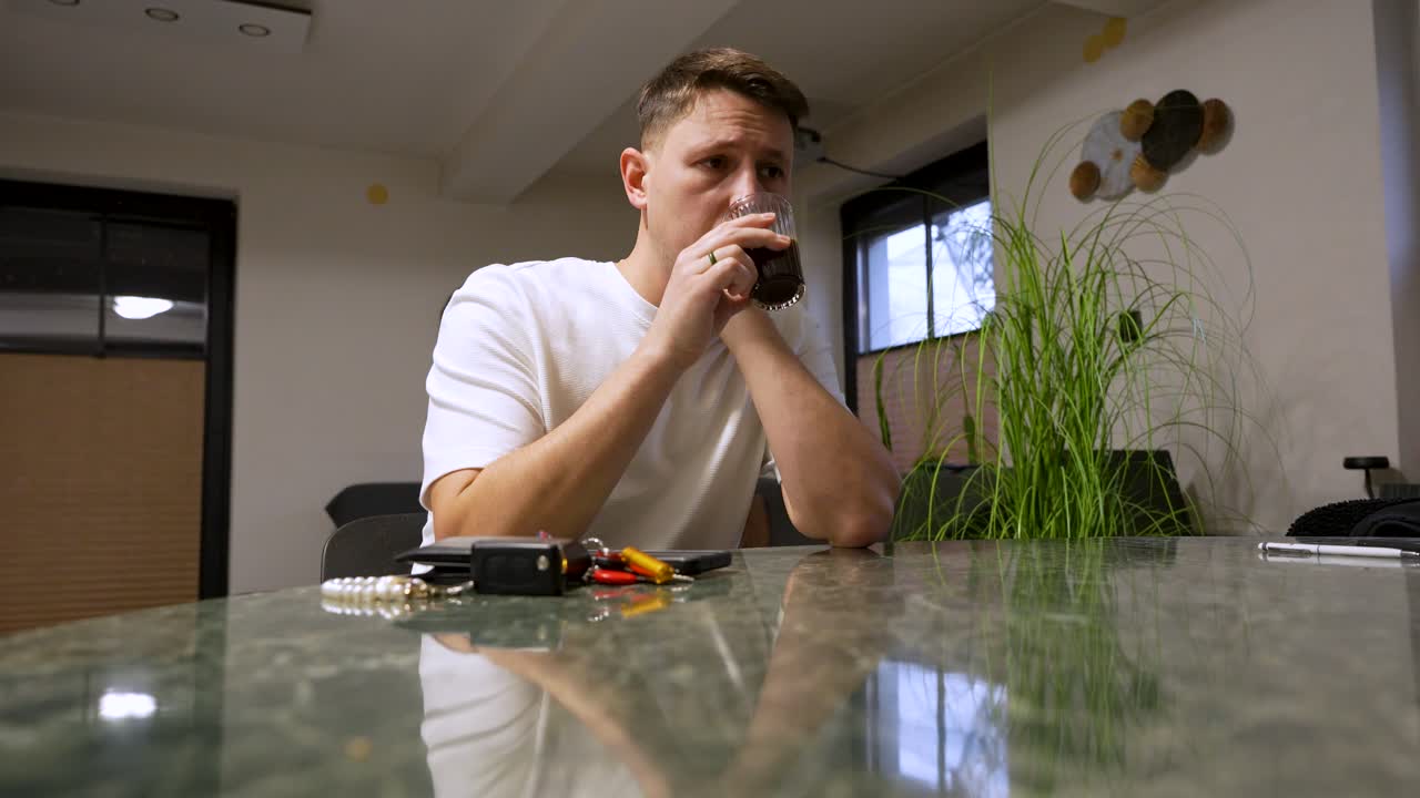 Uomo caucasico bianco, stanco e sovraccarico di lavoro, che sorseggia il caffè del mattino in cucina, mezza figura