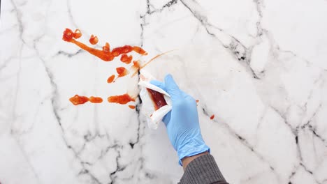 limpiando las salpicaduras de ketchup de un mostrador de mármol