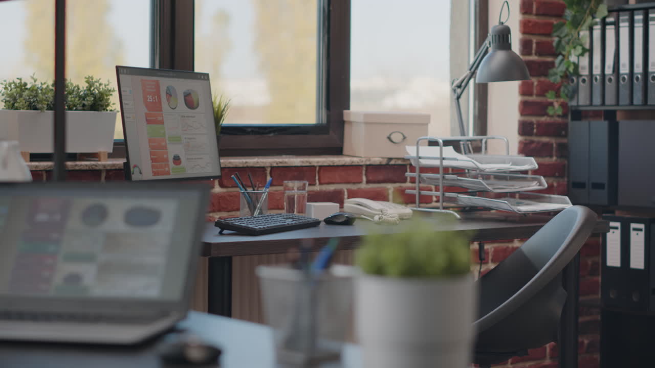 Nobody in business office with computer to plan project