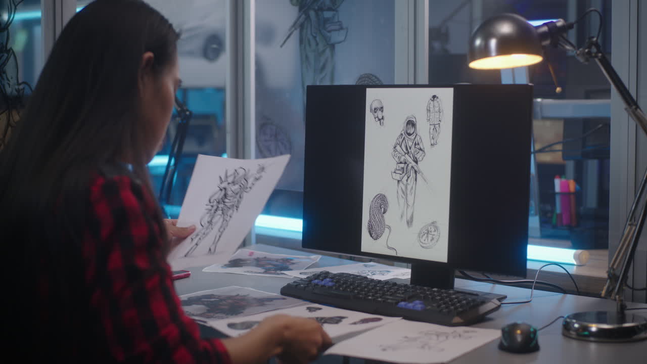 Artist working on concept art sketches