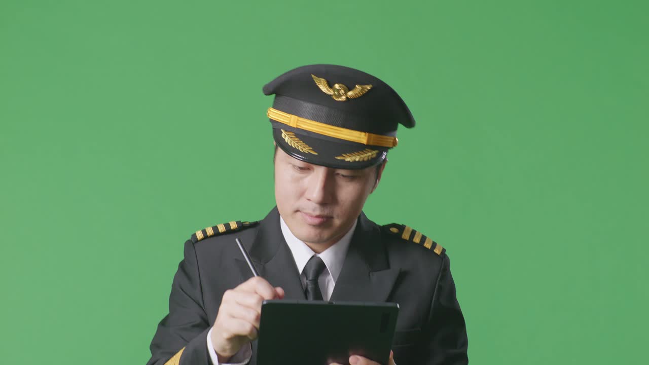 пилот в форме пишет на зеленом экране.