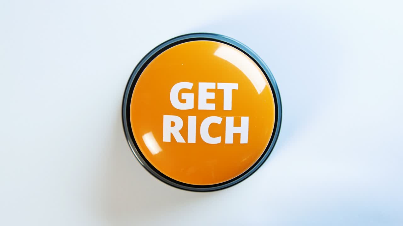 Concetto di arricchirsi velocemente. Donna che preme un pulsante lucido con denaro per diventare più ricca. Guadagnare denaro facile e ricchezza. Un modo semplice per fare soldi. Storia di successo. Fonte di reddito passivo. Corso per fare soldi.