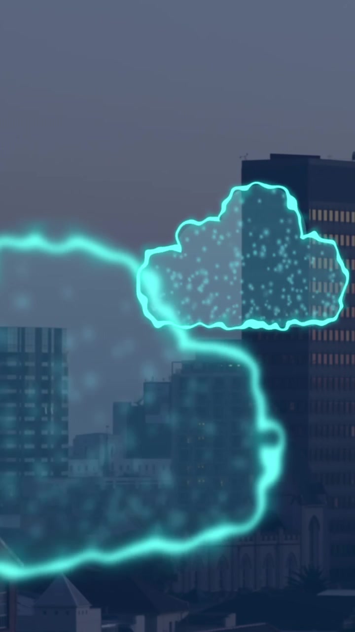 Animation of digital clouds flying over cityscape