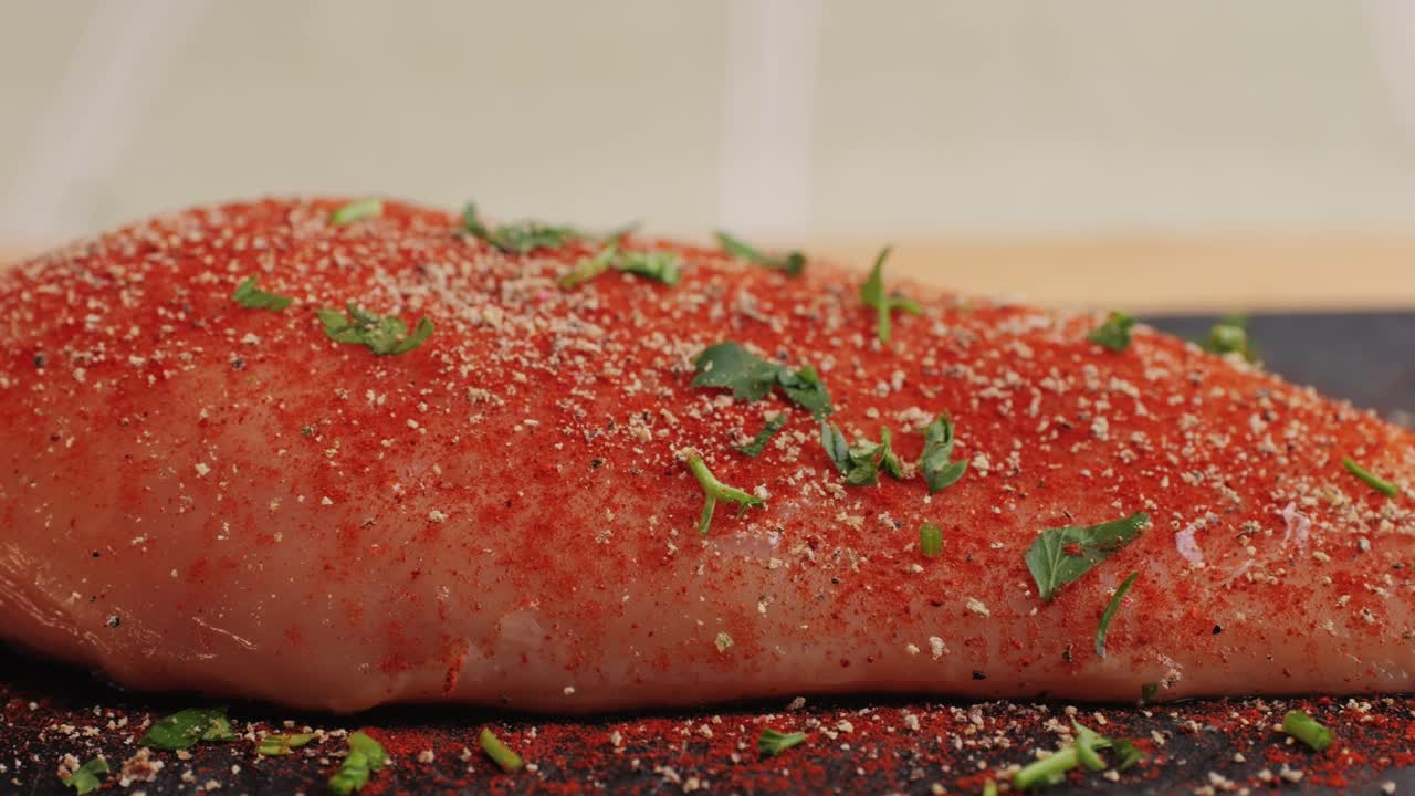 Raw chicken meat in red paprika spice on plate close-up. Preparing raw food for cooking. Grilled chicken, duck, turkey kebab with vegetables.
