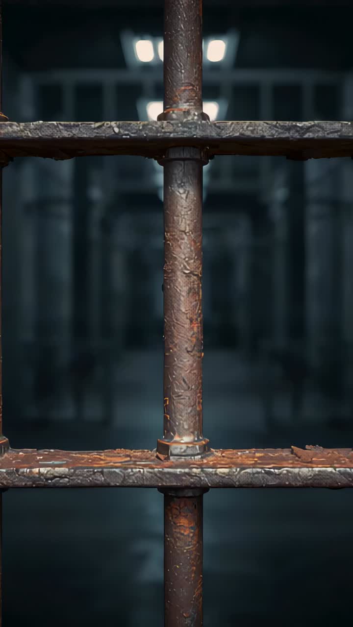 Vertical video: Focusing rusted bar with crossbars in dim cell block, showing bolts, flaking paint