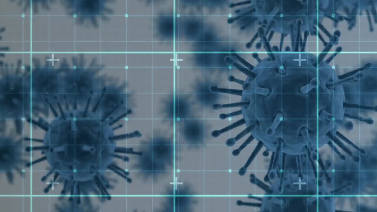 animación de células de macro coronavirus covid-19 que se propagan con una cuadrícula verde que se mueve sobre un fondo gris