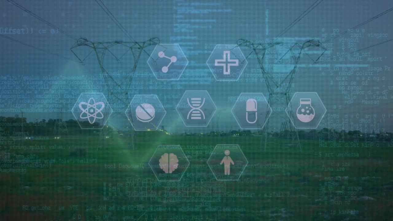 풍경 위의 의료 아이콘과 연결 네트워크의 애니메이션