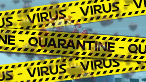 animación del texto y las células del coronavirus sobre un hombre que usa una máscara facial