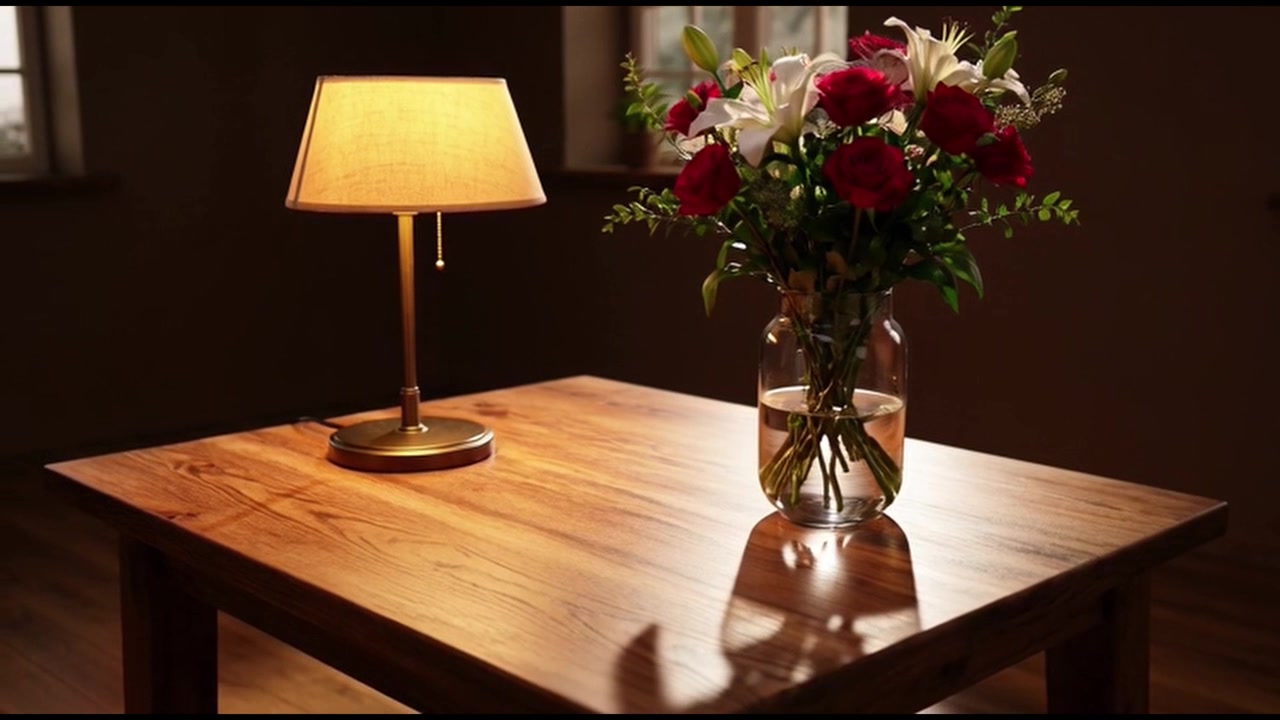 Table Lamp and Flower Vase on Wooden Table in Dimly Lit Room
